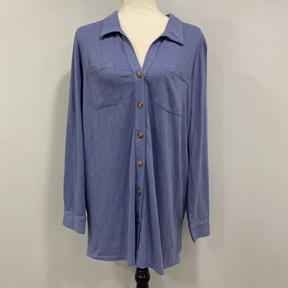J JILL NWT L Blue Button Up Cotton Modal Tunic Roll Tab Blouse Beachy Lagenlook - Picture 1 of 16